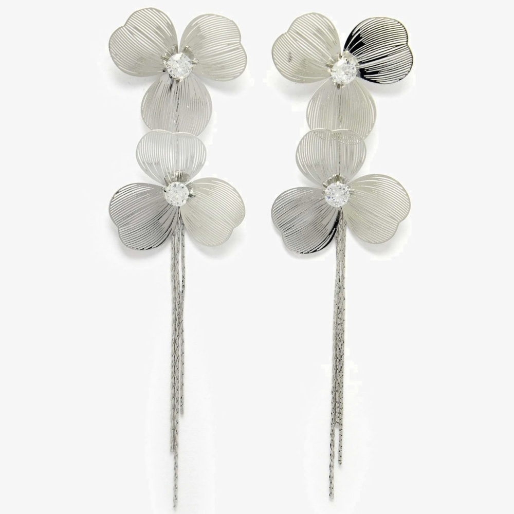 Cascading Silver Tassel & Crystal Rhinestone Dangle Statement Pierced Earrings‎ - Picture 11 of 11